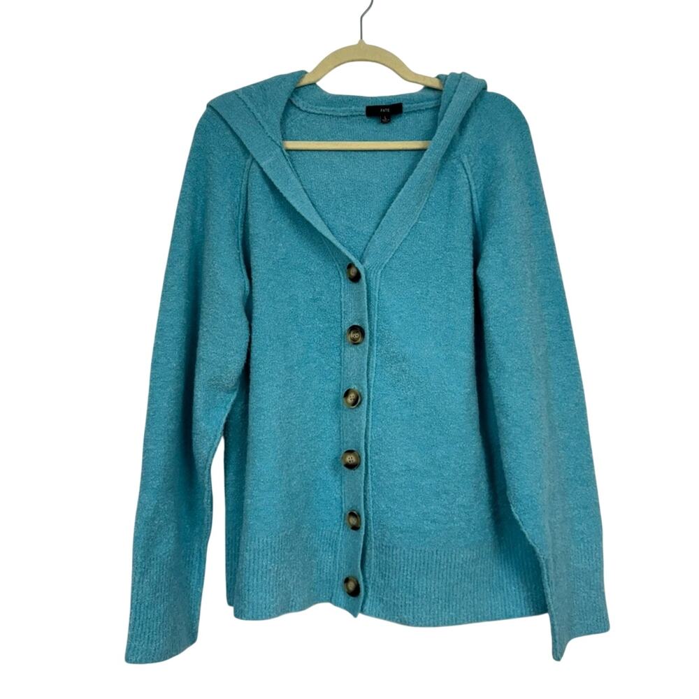 Fate Teal Blue Teddy Bear Sweater Womens L Button Down Hoodie Cardigan Cozy Fall